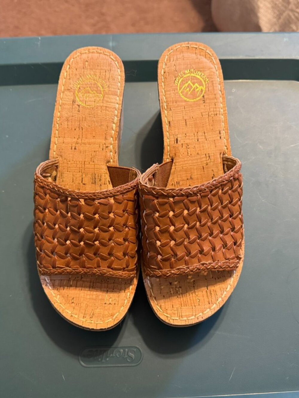 White Mountain Cork Wedge slides/mules with woven top. Size 9. Never worn.